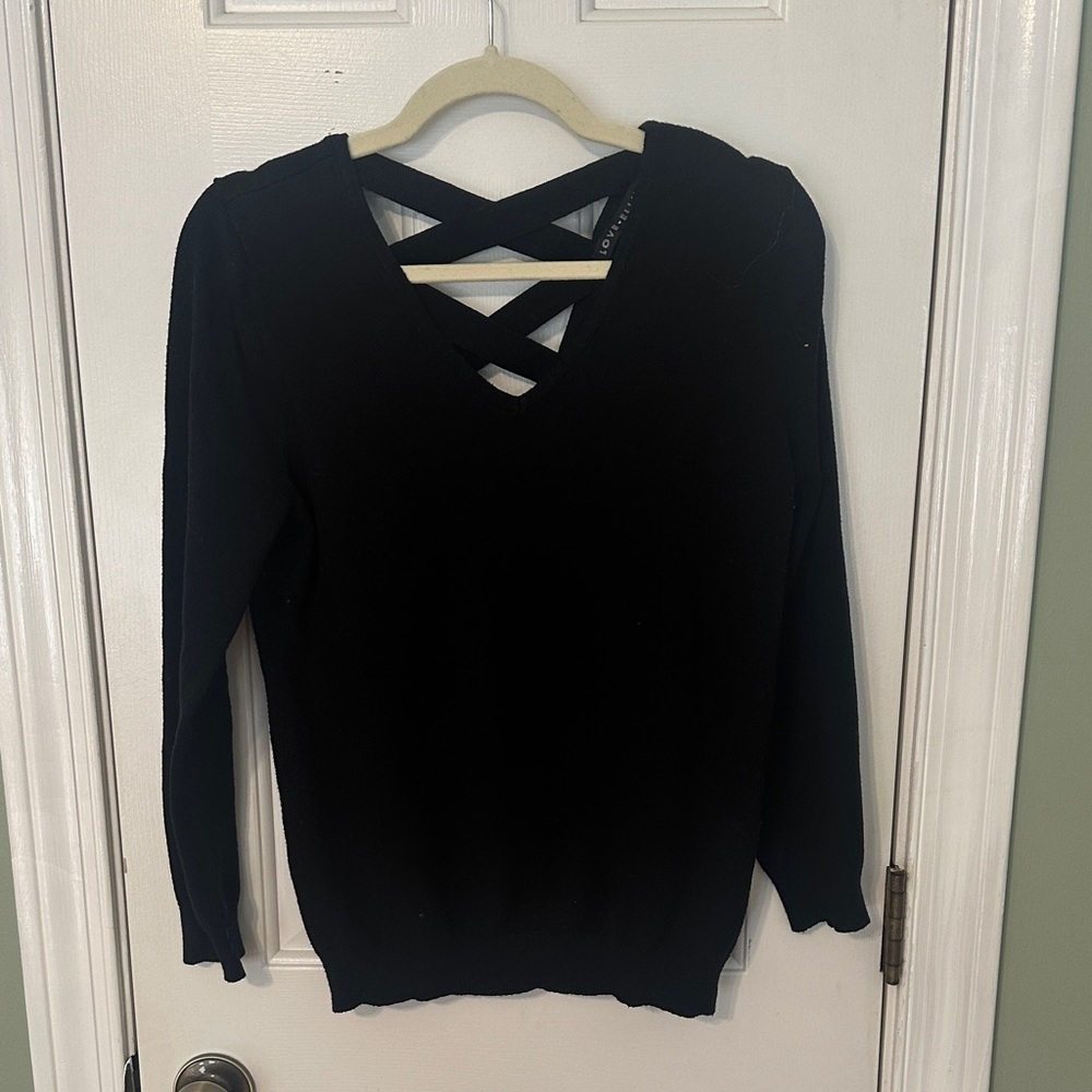 Black V-Neck Sweater with Crisscross Back Love Ellie